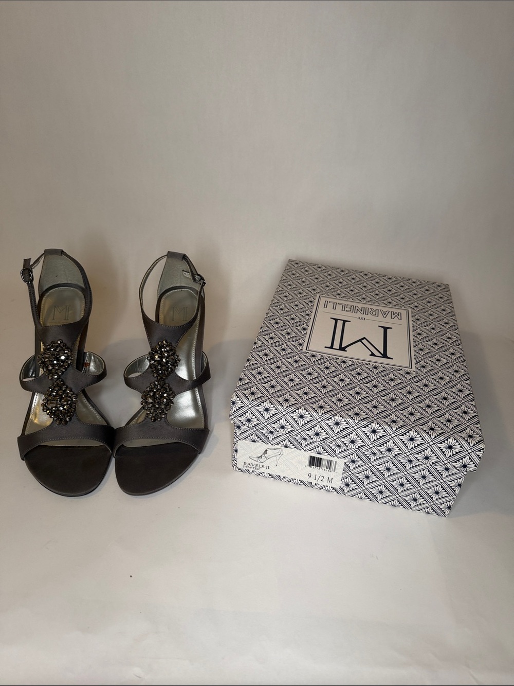 Marinelli Metallic Gray Jeweled T-Strap Heels